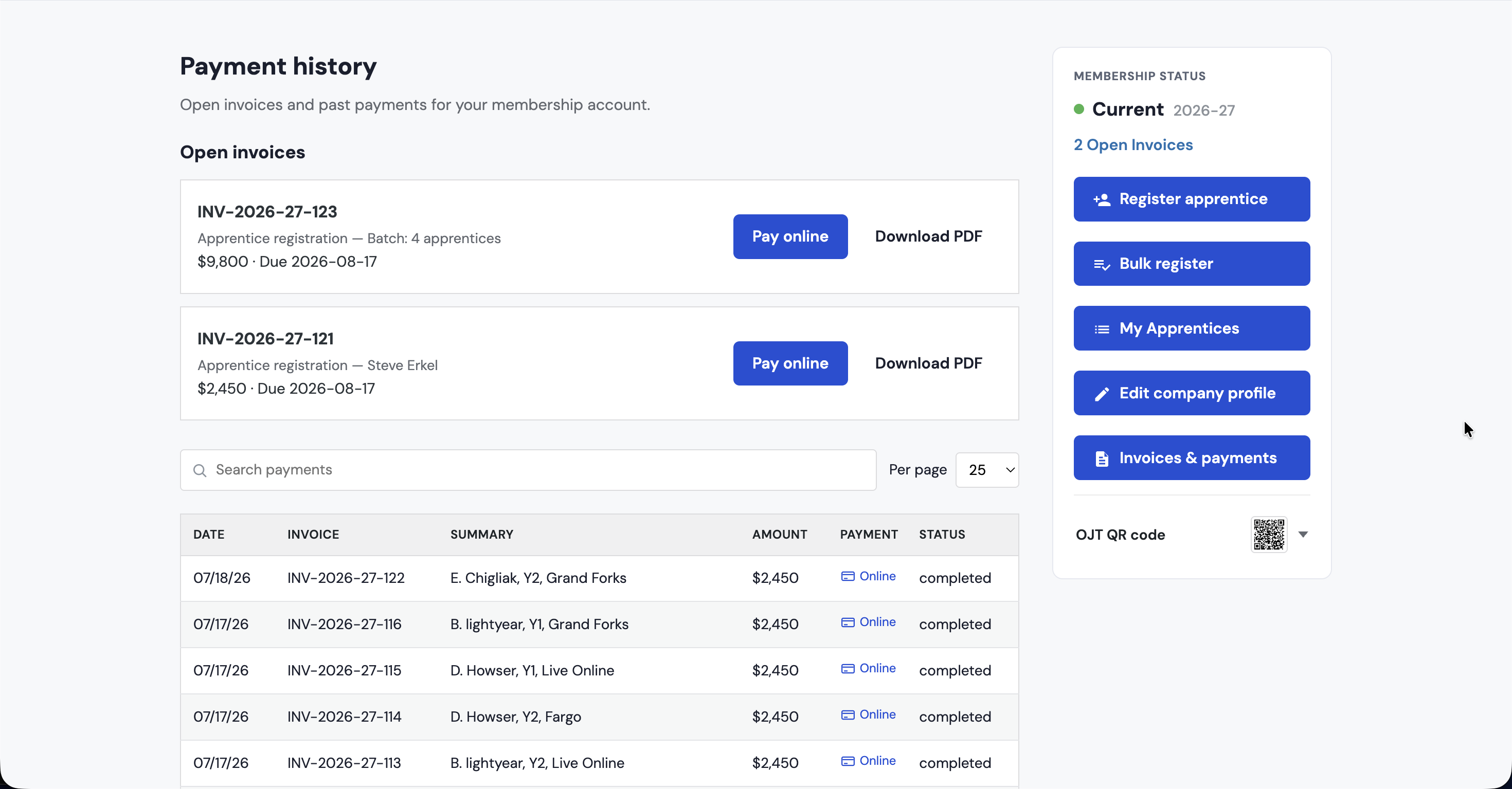 Invoices and payment history